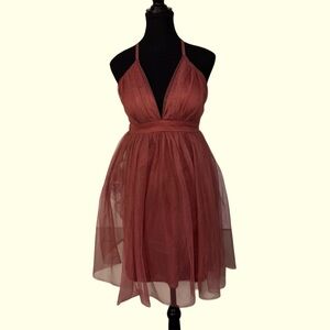 HAUTE MONDE IRIS PLUNGING-V CRISSCROSS OPEN BACK TULLE MINI DRESS L DEEP ROSE